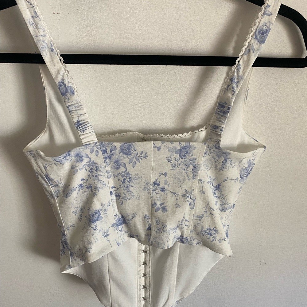 Floral Blue and White Women's Corset Top Feminine Cottagecore - Picture 4 of 6